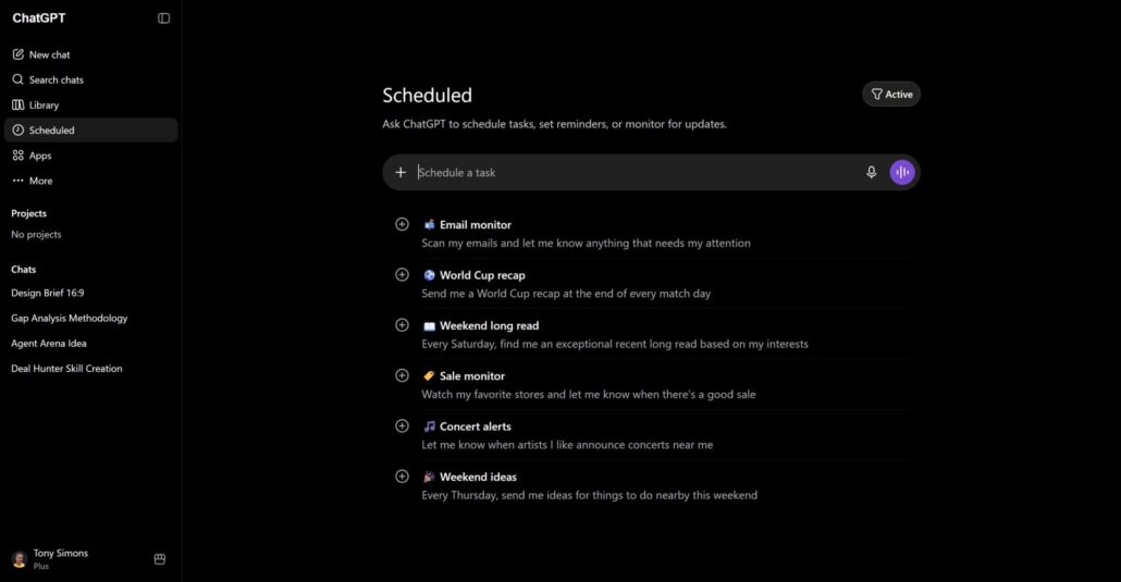 ChatGPT Scheduled tab in dark mode showing the task management interface with a list of active scheduled tasks
