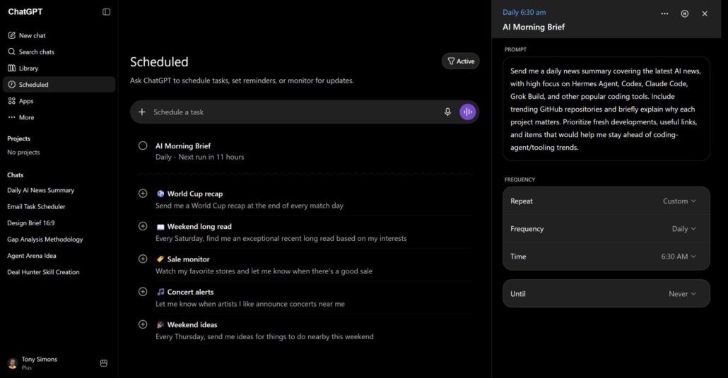 ChatGPT Scheduled page showing the task list on the left and the AI Morning Brief configuration panel open on the right with prompt, frequency, and schedule settings