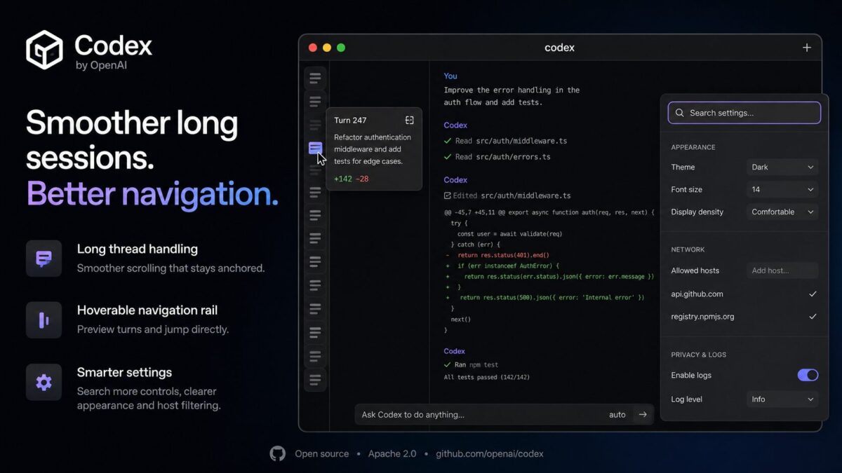 Codex Gets a UX Update: Smoother Long Threads, a Hoverable Nav Rail, and Better Settings Search