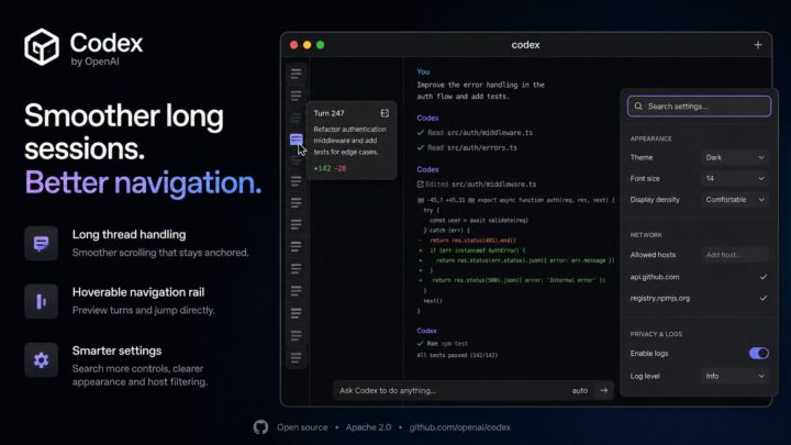 Codex Gets a UX Update: Smoother Long Threads, a Hoverable Nav Rail, and Better Settings Search