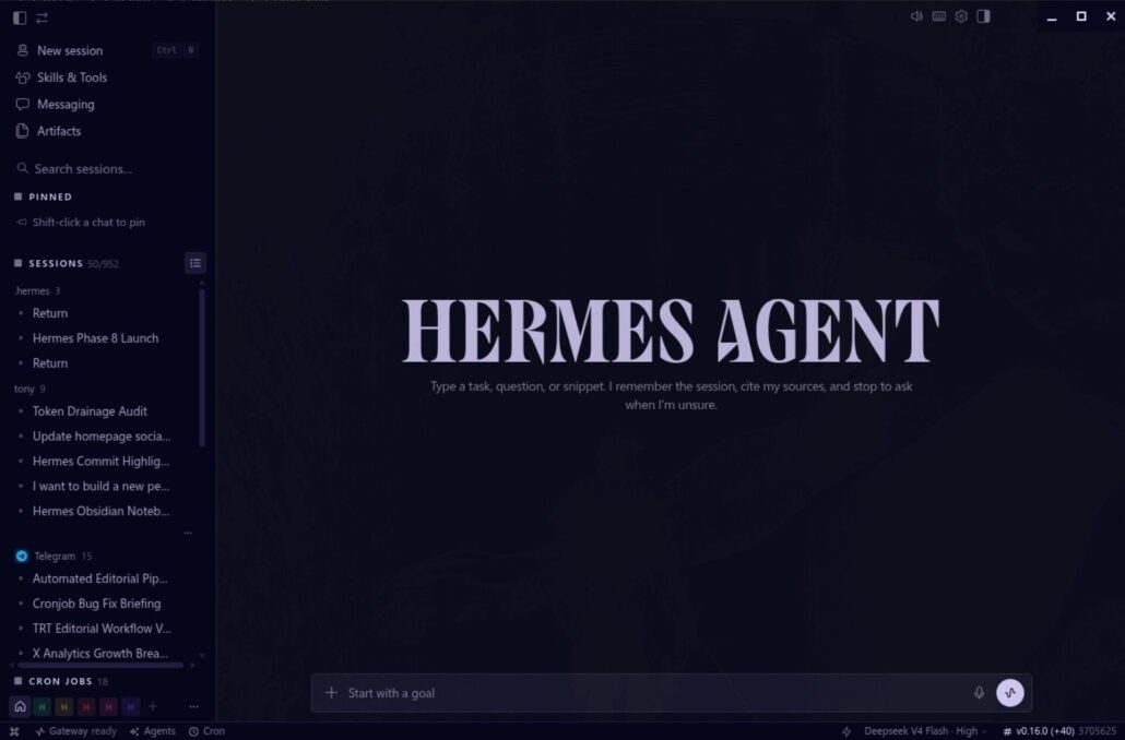 Screenshot of the Hermes Agent desktop app showing the main chat screen, session sidebar, messaging channels, cron jobs, and model status bar.