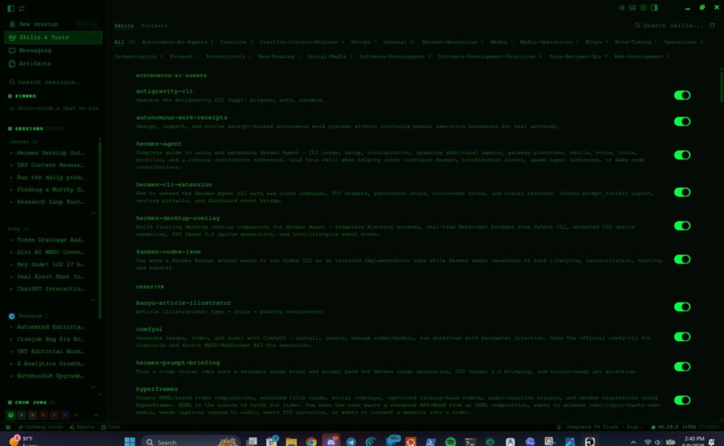Screenshot of the Hermes Desktop skills management pane showing installed skills and the skill hub browser interface.