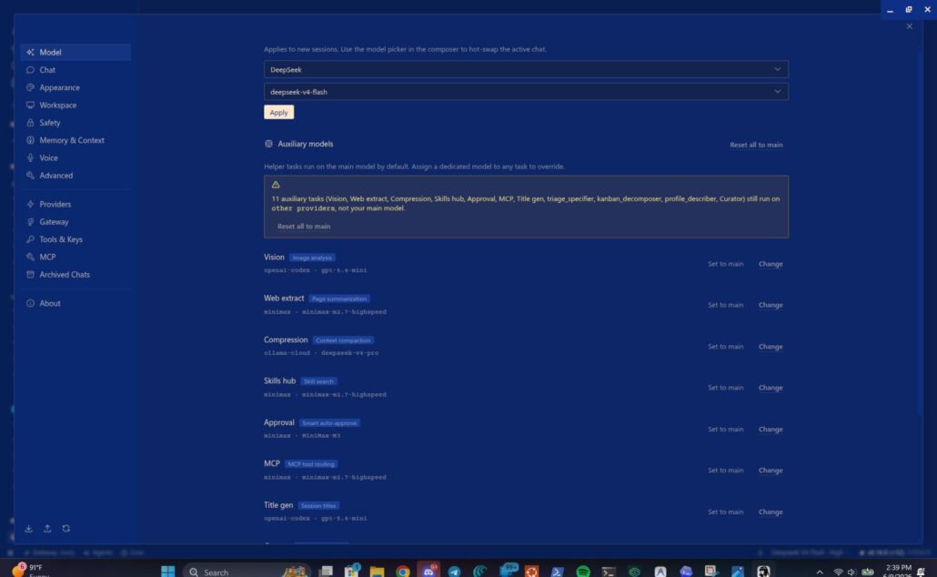 Screenshot of the Hermes Desktop settings panel showing the provider selection, model configuration, and MCP server management panes.