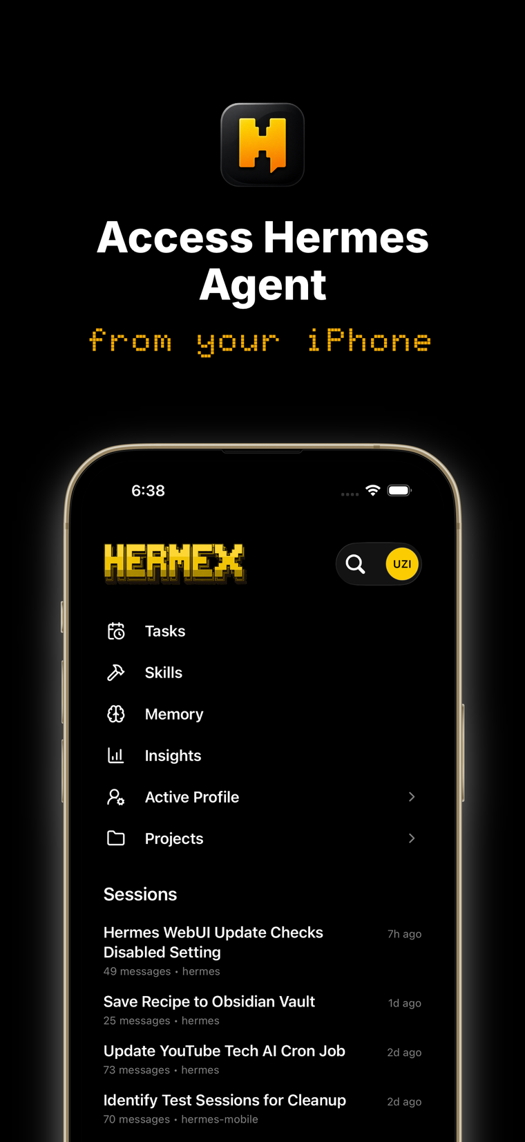 Hermex home screen listing live Hermes sessions, with Tasks, Skills, Memory, Insights, and Projects shortcuts