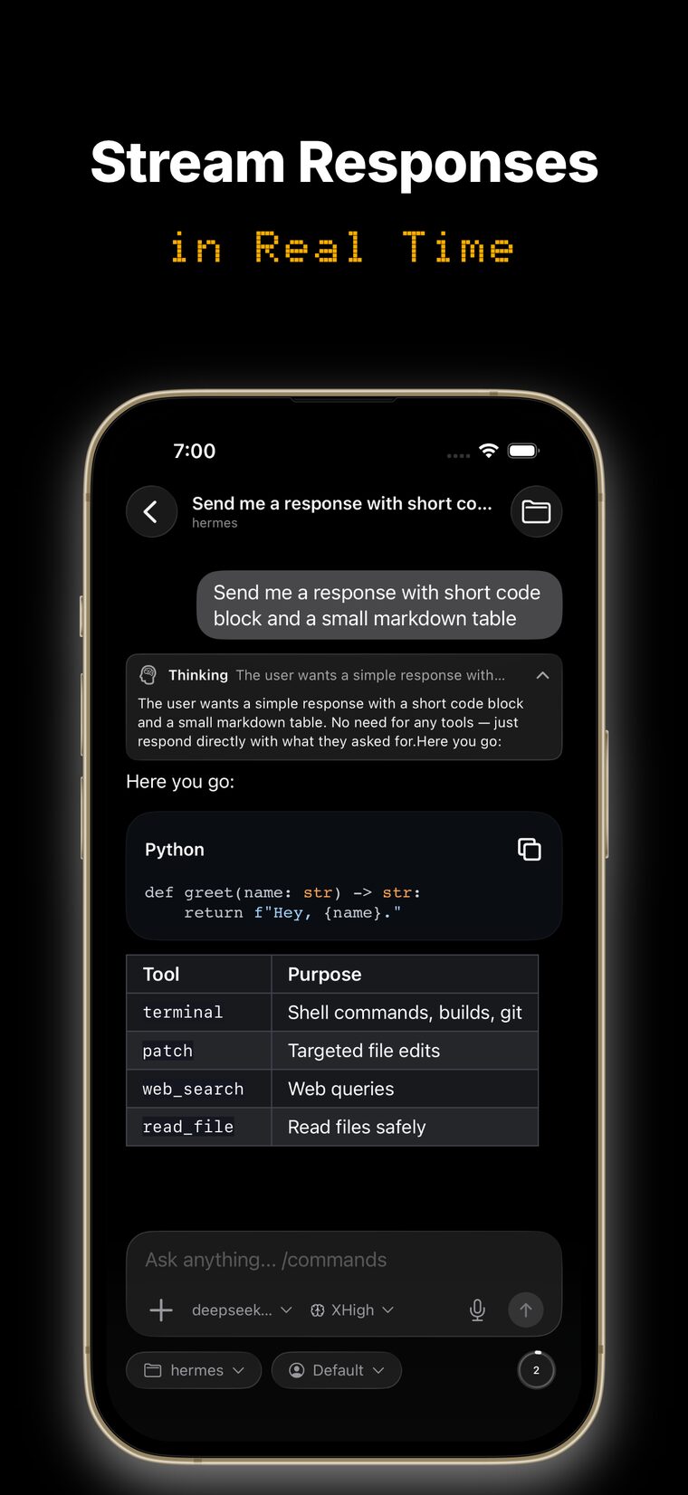 A session in Hermex streaming a response in real time — thinking summary, Python code, and tool calls rendering live
