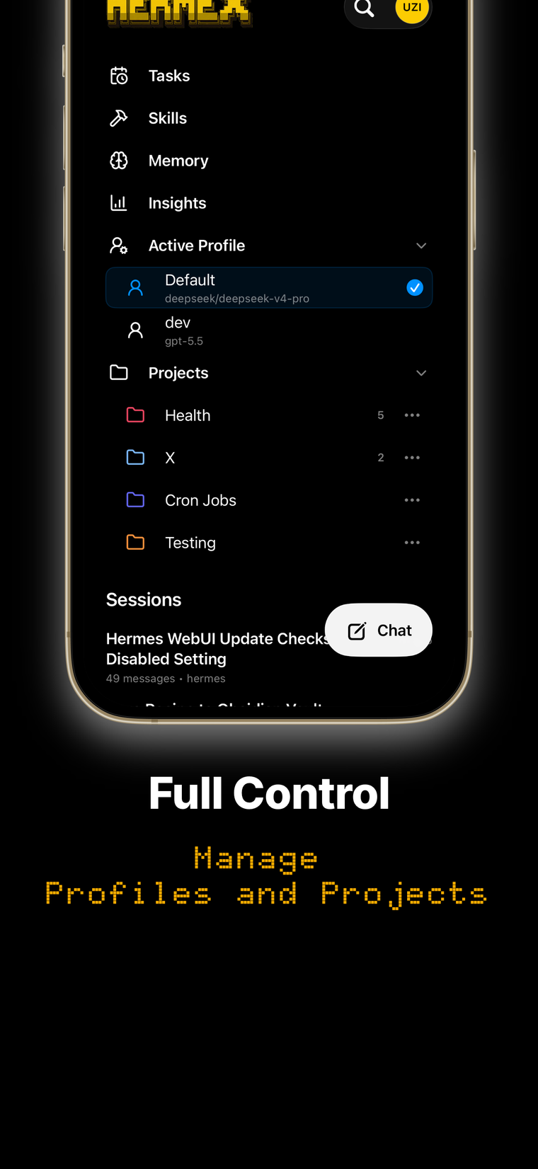 The Hermex home screen with Active Profile and Projects expanded — switch profiles or jump to a project workspace