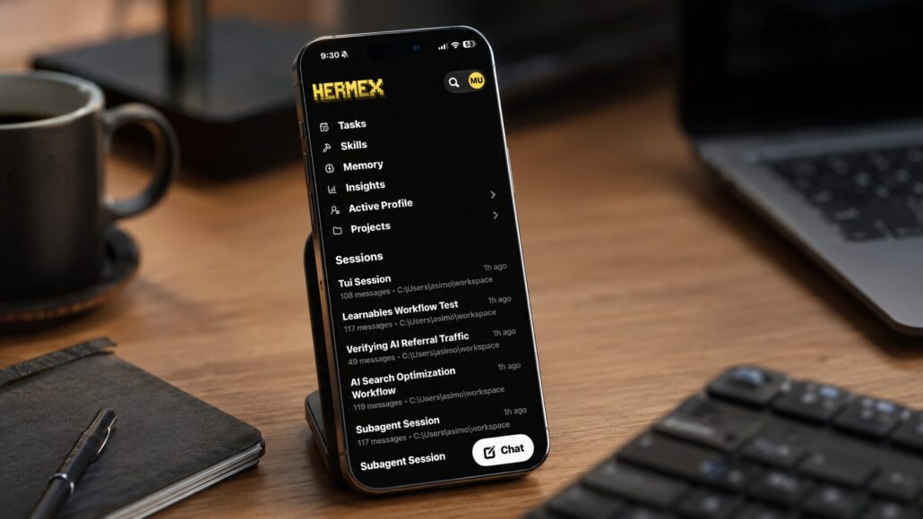 Hermex iOS app home screen on an iPhone on a stand, showing the Tasks, Skills, Memory, Insights, Active Profile, and Projects menu, plus a list of recent Hermes sessions