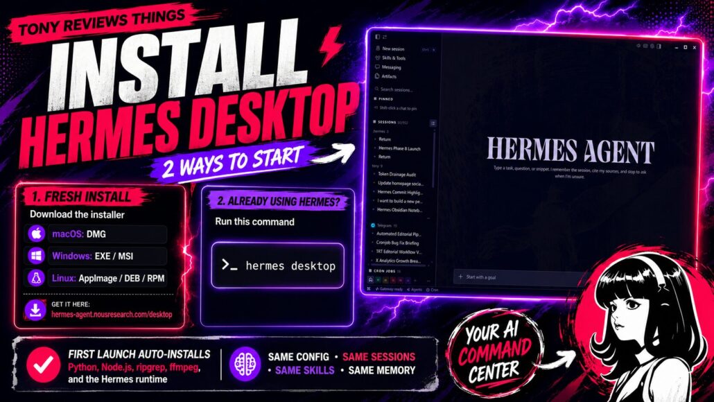 Screenshot of the Hermes Desktop installer options on macOS, Windows, and Linux showing download links and install instructions.