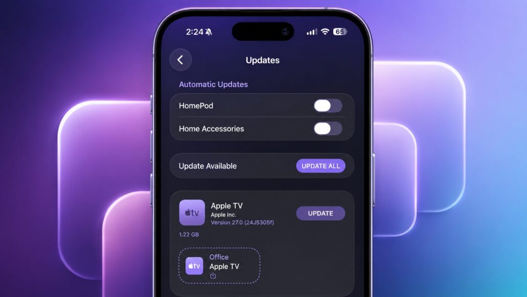 iPhone Home app showing Apple TV listed under Updates with an Update button, allowing remote software updates in iOS 27 Beta 2