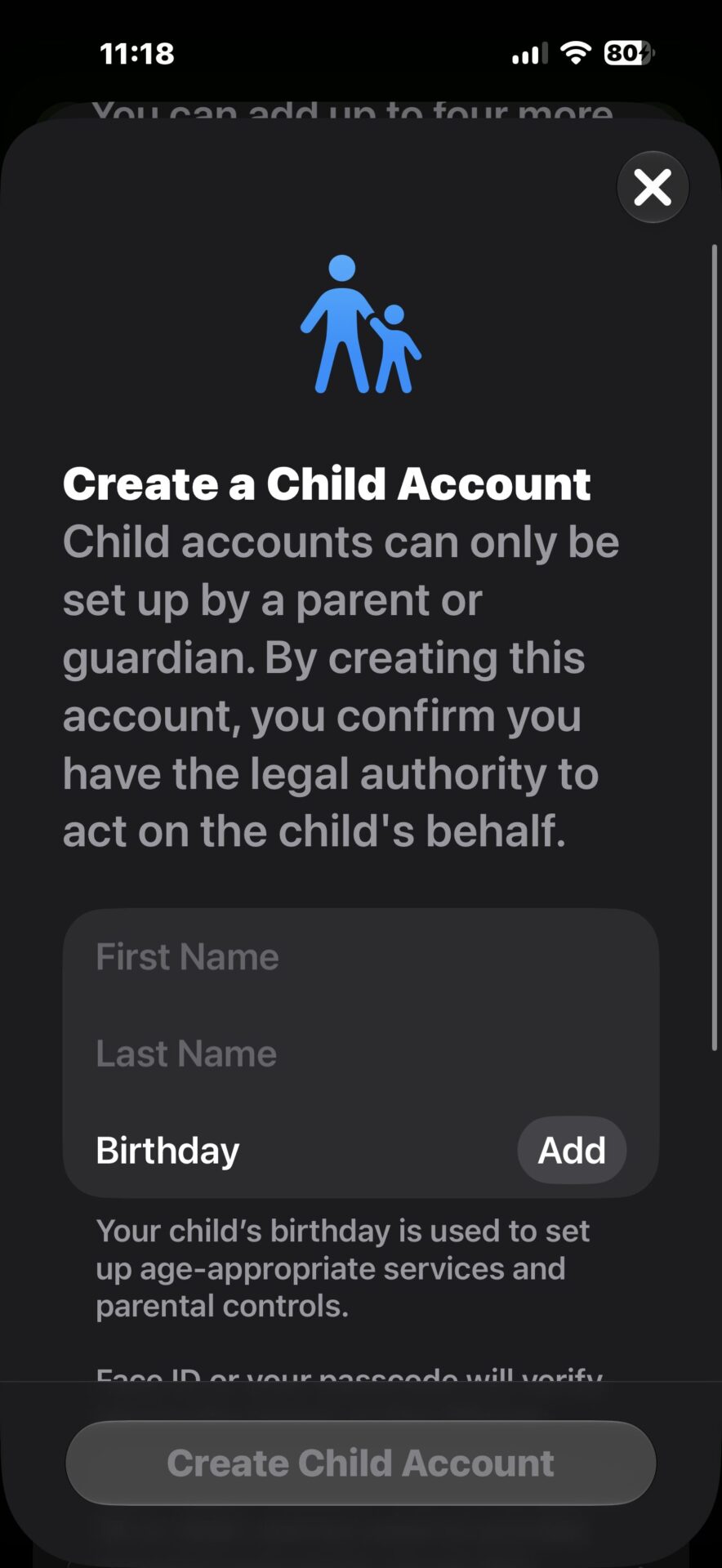 Parental Controls child account setup screen in iOS 27