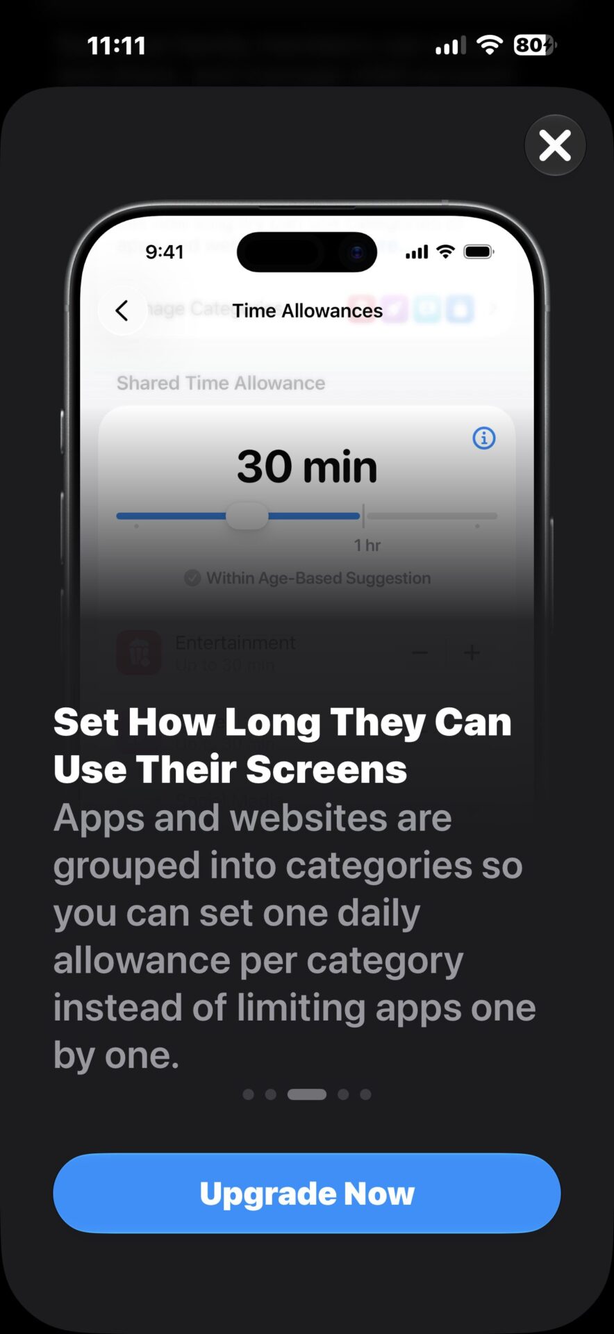 Parental Controls Screen Time dashboard in iOS 27 with category limits