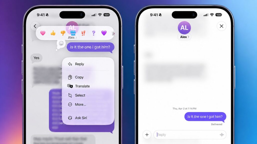 Two iPhones showing RCS messaging in iOS 27 Beta 2 with inline reply via long press and tapback emoji reactions on messages