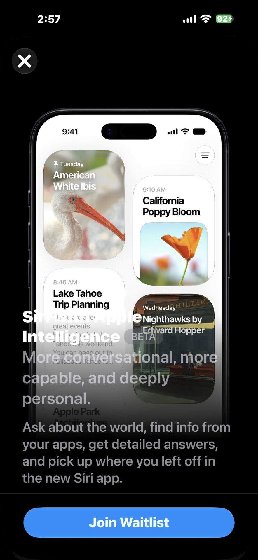 Siri AI waitlist screen in iOS 27 showing the request access interface