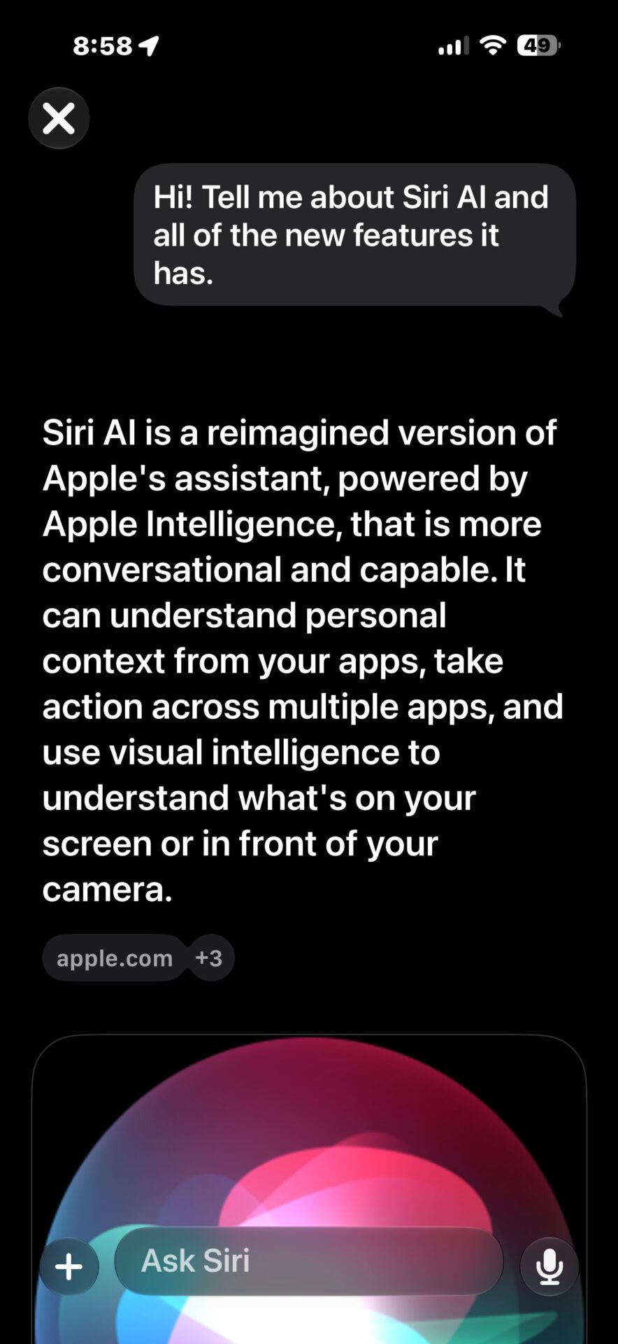 Siri AI conversation with web knowledge response in iOS 27