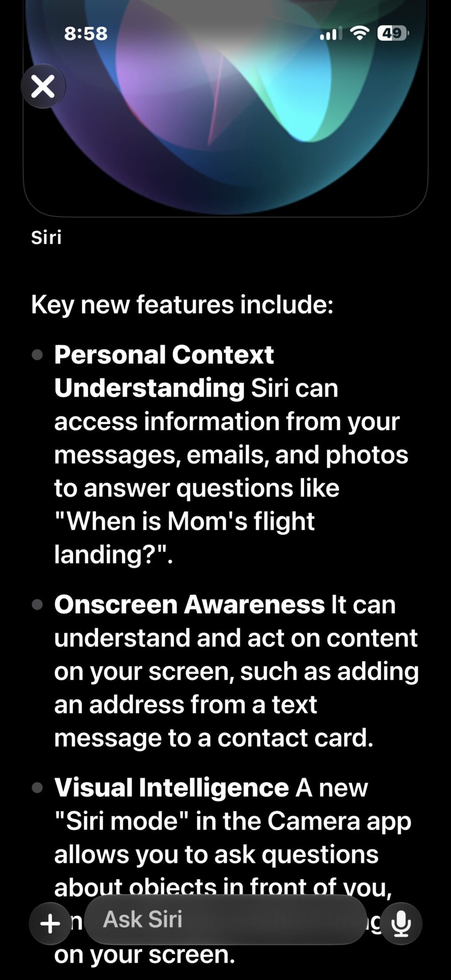 Siri AI conversation response showing rich content in iOS 27