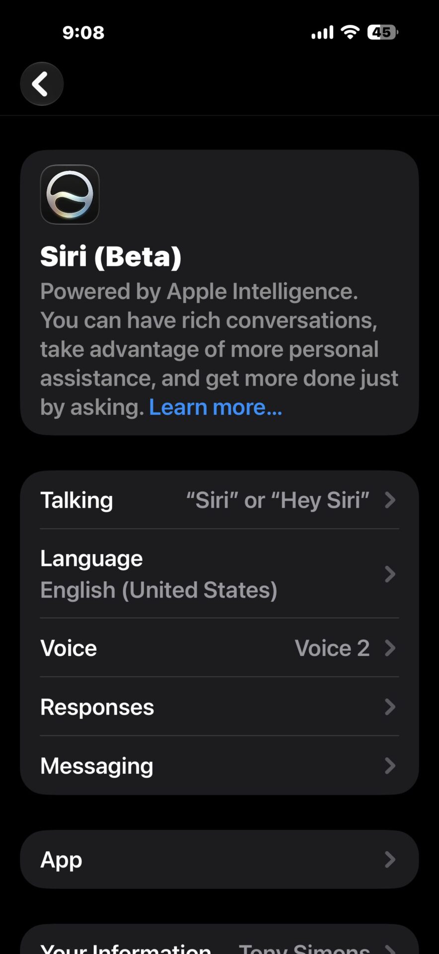 Siri settings in iOS 27 showing voice customization and configuration options