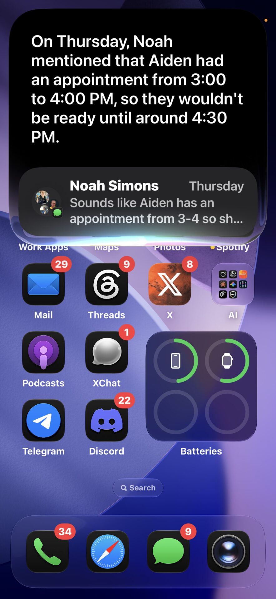 Siri AI personal context conversation in iOS 27 showing message and calendar search