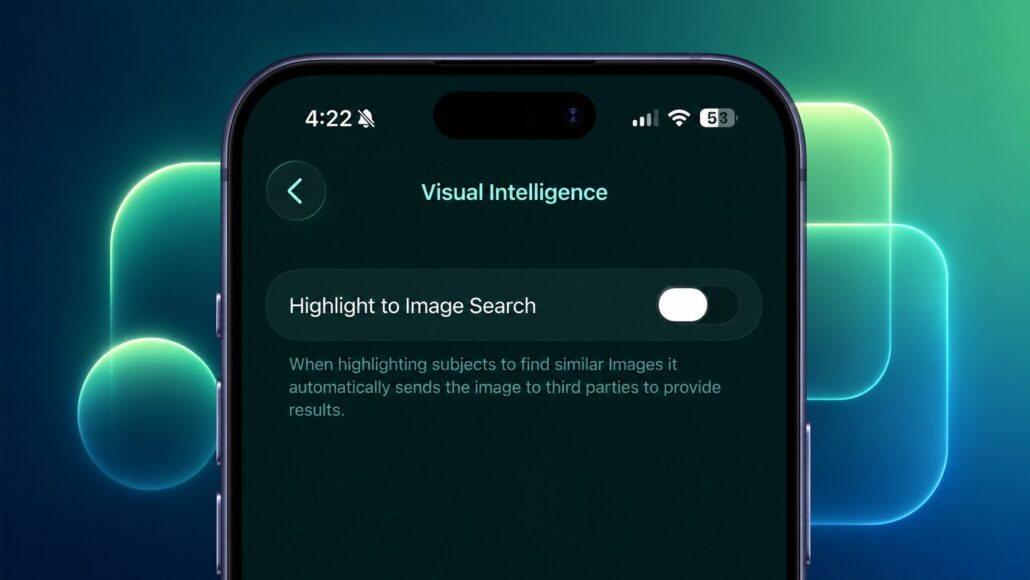 iPhone Settings screen showing the Visual Intelligence page with Highlight to Image Search toggle turned off, with a warning that enabling it sends images to third parties