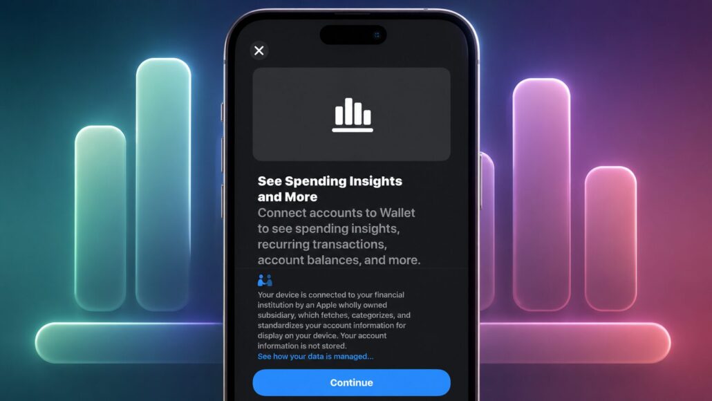 iPhone showing the iOS 27 Beta 2 Wallet Insights splash screen that invites users to connect accounts to see spending insights, recurring transactions, and account balances