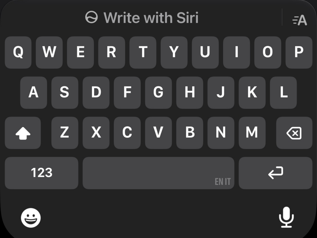 iPhone keyboard in iOS 27 Beta 2 showing the new Write with Siri button above the keyboard for quick access to Siri writing tools