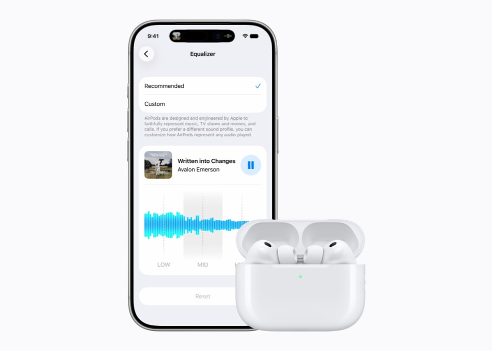 iPhone beside AirPods displaying the custom EQ interface in iOS 27