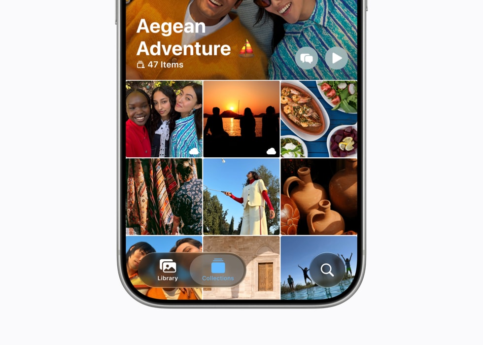 iPhone displaying an Aegean Adventure shared album in the iOS 27 Photos app