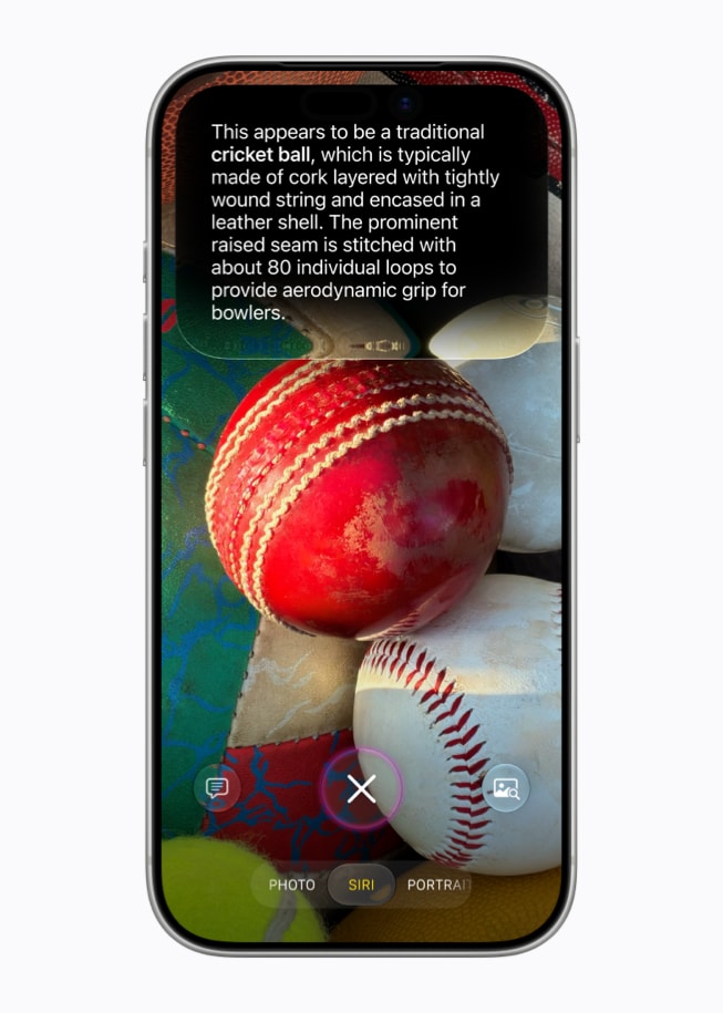 iPhone showing Siri mode in the iOS 27 Camera app identifying a cricket ball