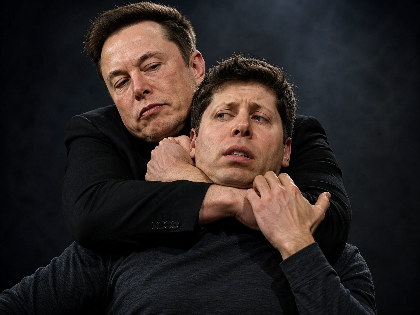 Elon Musk with his arm around Sam Altman in a chokehold against a dark studio background
