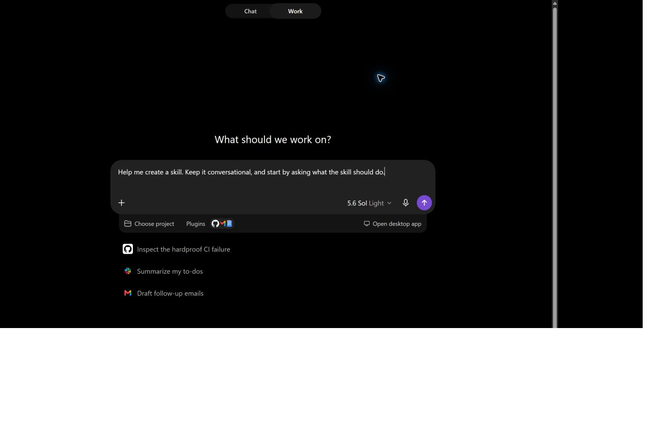 ChatGPT composer prefilled with a prompt asking to build a skill for a repeatable task, enabling conversational skill creation.