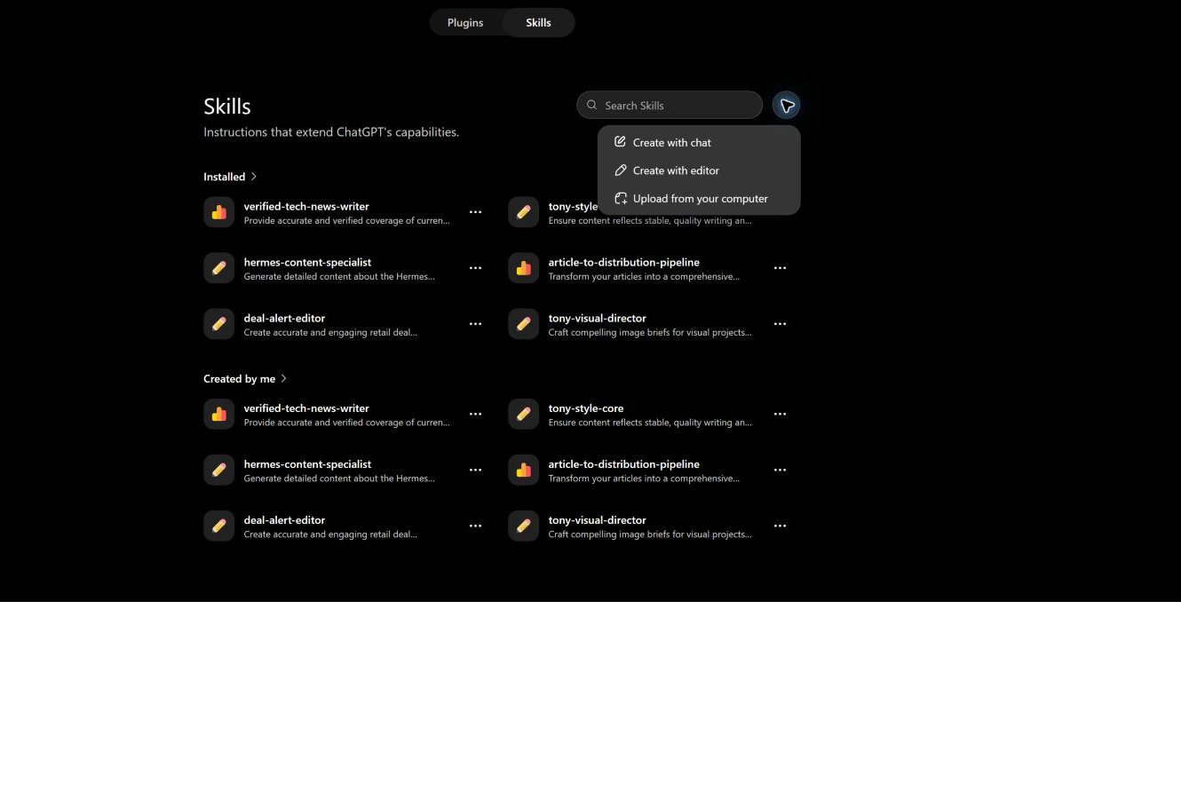 ChatGPT Create menu presenting three ways to build a new skill: Create with chat, Create with editor, or Upload from your computer.
