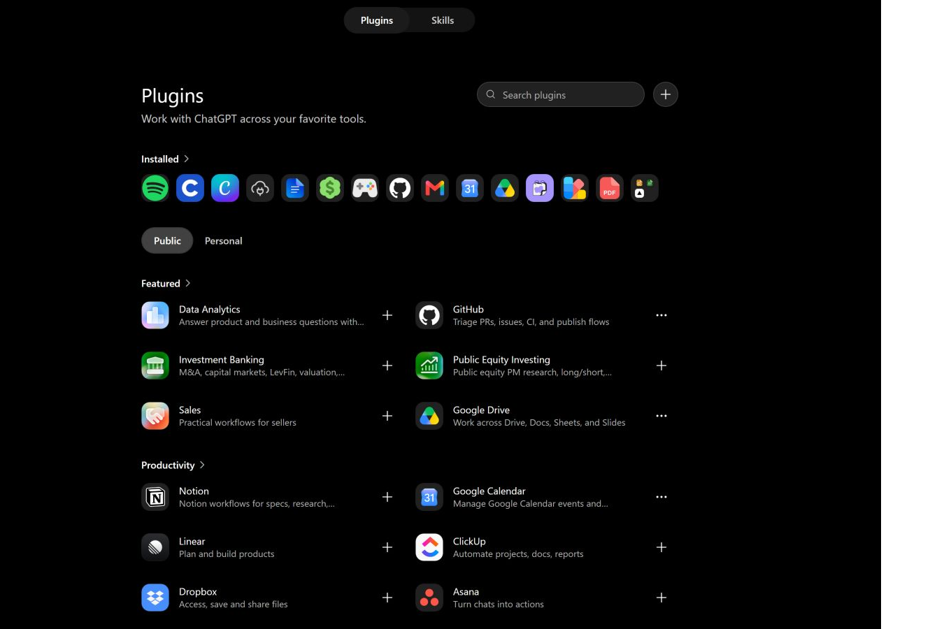 ChatGPT Plugin Directory showing Installed plugin icons for Spotify, Canva, Todoist, GitHub, Google Drive, and more, with Featured and Productivity category listings.
