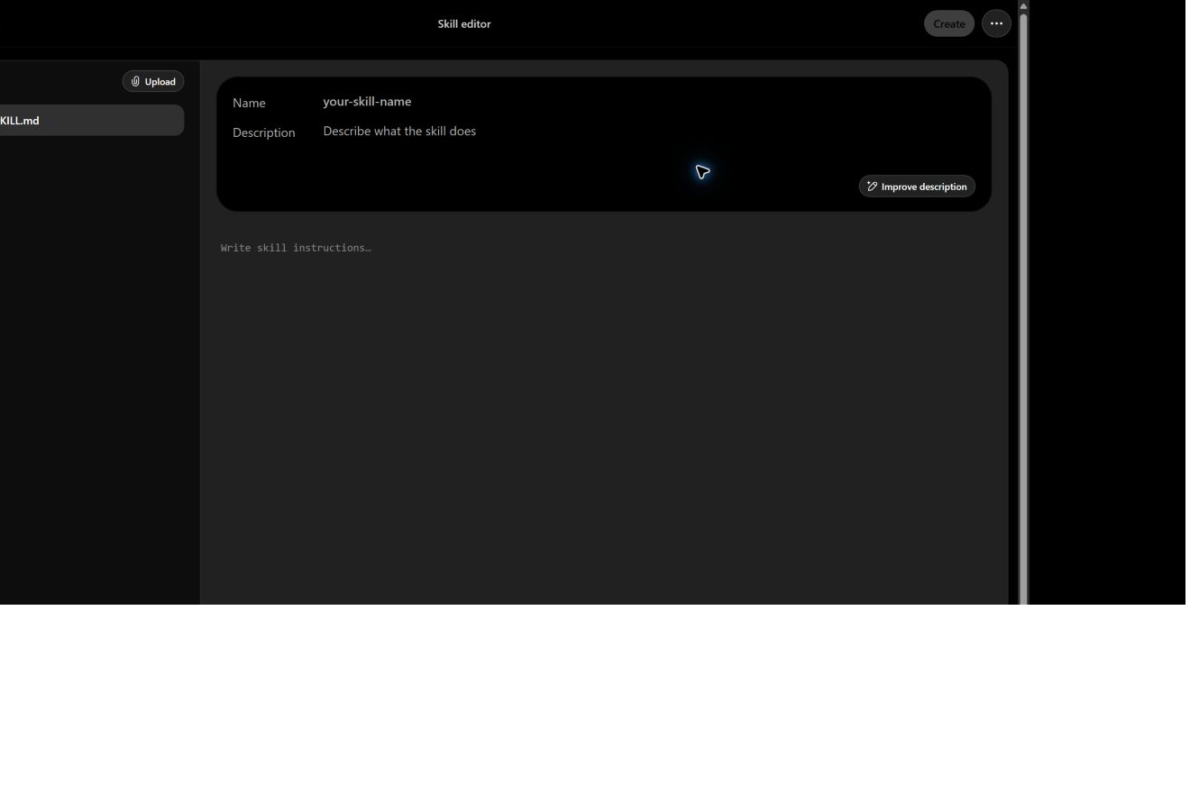 ChatGPT Skill editor showing fields for Name, Description, Instructions, and file upload, with a disabled Create button until required fields are filled.