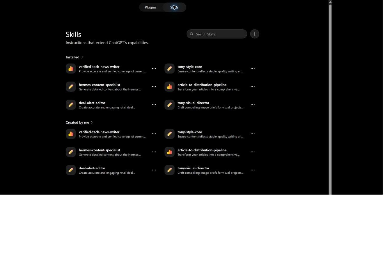 ChatGPT Skills library showing Installed and Created by Me sections with search bar and Create button, listing skills like verified-tech-news-writer and tony-style-core.