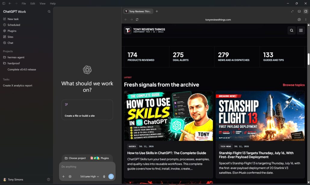ChatGPT Work desktop app split into two panels: the left sidebar showing the Work interface with project selector, and the right panel showing the built-in web browser viewing the Tony Reviews Things home page with recent articles.