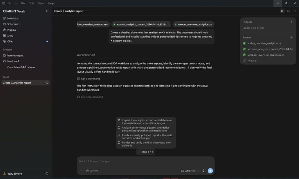 ChatGPT Work chat interface showing a task in progress with attached CSV files, user prompt, assistant status updates, a Step 1 of 4 checklist, and the Outputs and Sources sidebar.
