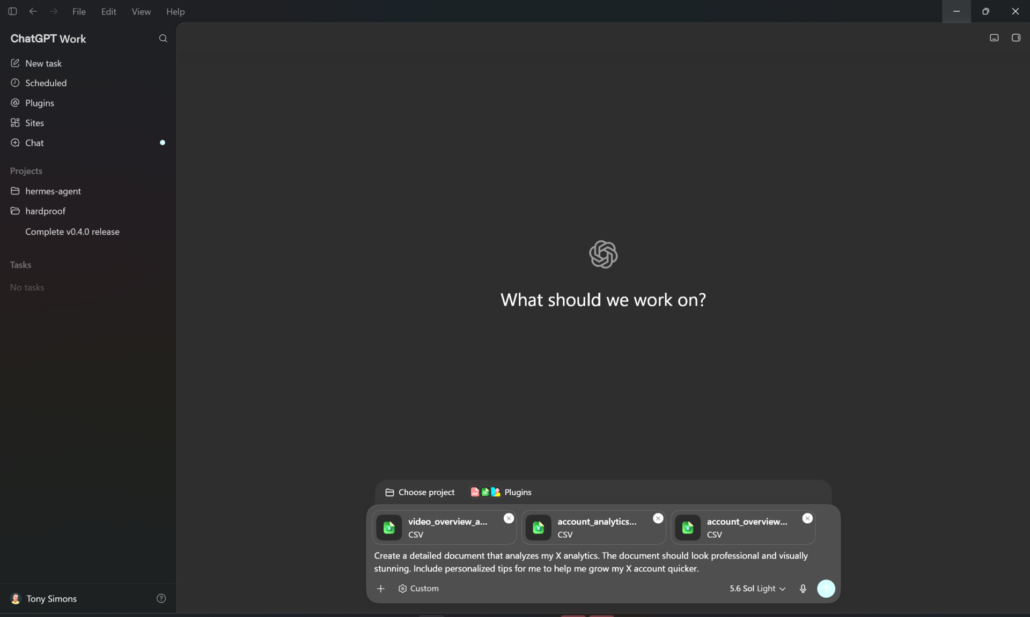 ChatGPT Work desktop app showing a document creation task with three attached CSV files and a prompt requesting an X analytics analysis document.