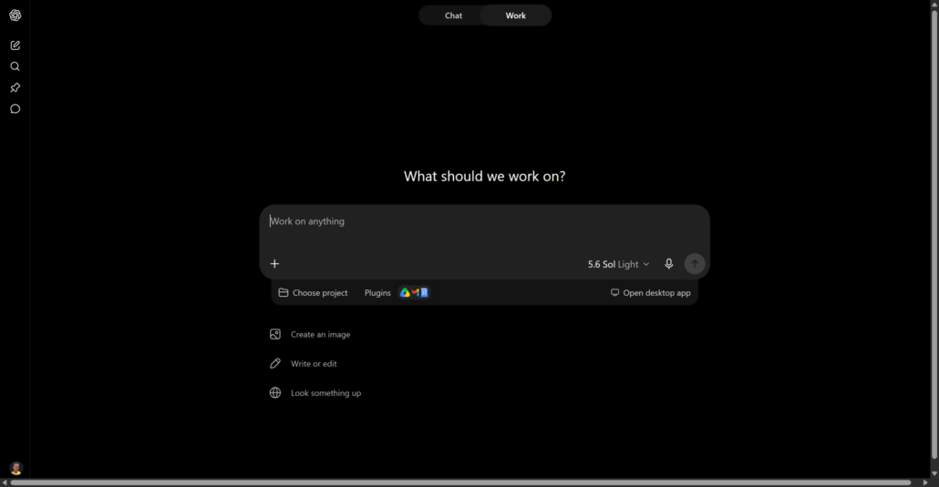 Dark mode ChatGPT Work interface with Chat/Work mode toggle, work input field, Choose project option, and connected service icons for Google Drive, Gmail, and Google Calendar.