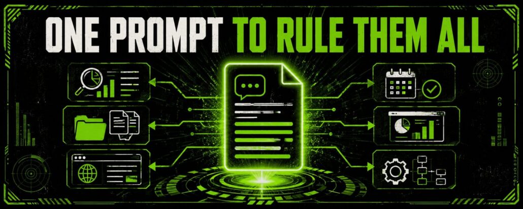 Cyberpunk-style banner reading One Prompt to Rule Them All with a glowing central document icon surrounded by connected tool panels for search, file management, web browsing, scheduling, data dashboards, and workflow automation.