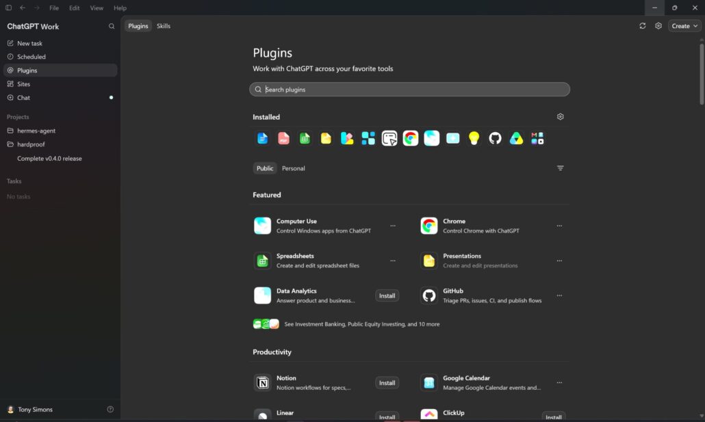 ChatGPT Work Plugins page in dark mode showing the sidebar with Plugins selected, the Installed section with app icons, Featured plugins including Computer Use, Chrome, Spreadsheets, Presentations, Data Analytics, and GitHub, and Productivity plugins section.