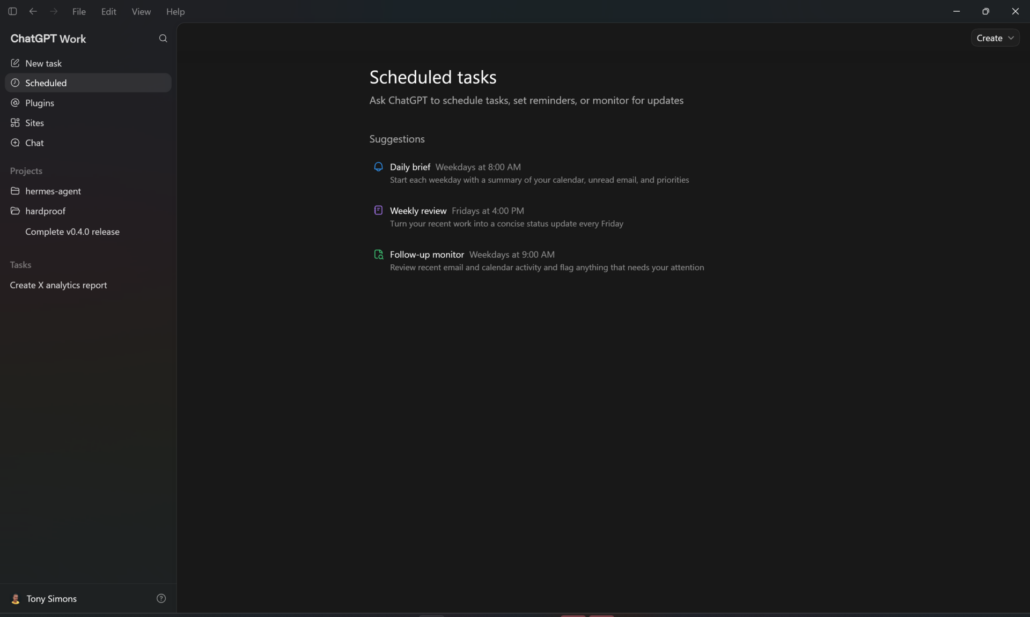 ChatGPT Work Scheduled Tasks page in dark mode showing the empty state with three task suggestions: Daily Brief, Weekly Review, and Follow-up Monitor, each with schedule times and descriptions.