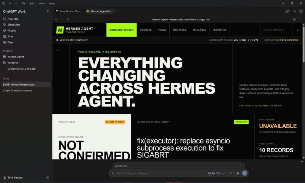 ChatGPT Work desktop app displaying a completed Sites project: the Hermes Agent Release Radar dashboard with Command Center tab showing release intelligence, commit status, and feature tracking in a dark mode interface.