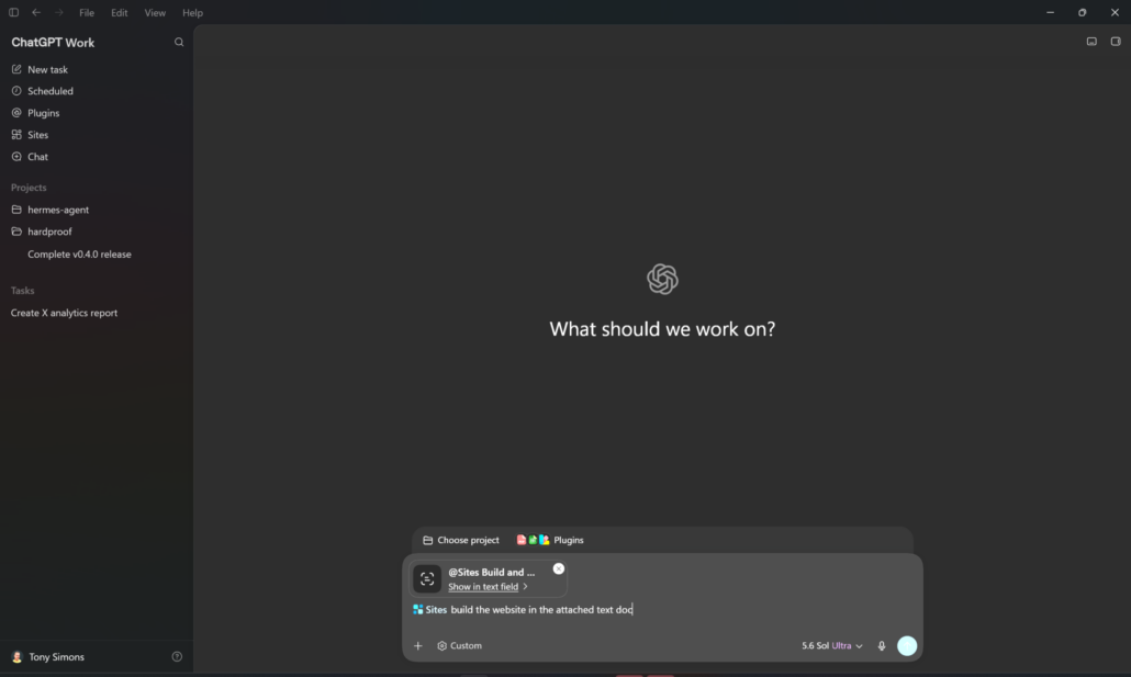 ChatGPT Work desktop app showing a Sites task with 5.6 Sol Ultra model selected in the model dropdown, using the @Sites plugin to build a website from an attached text document.