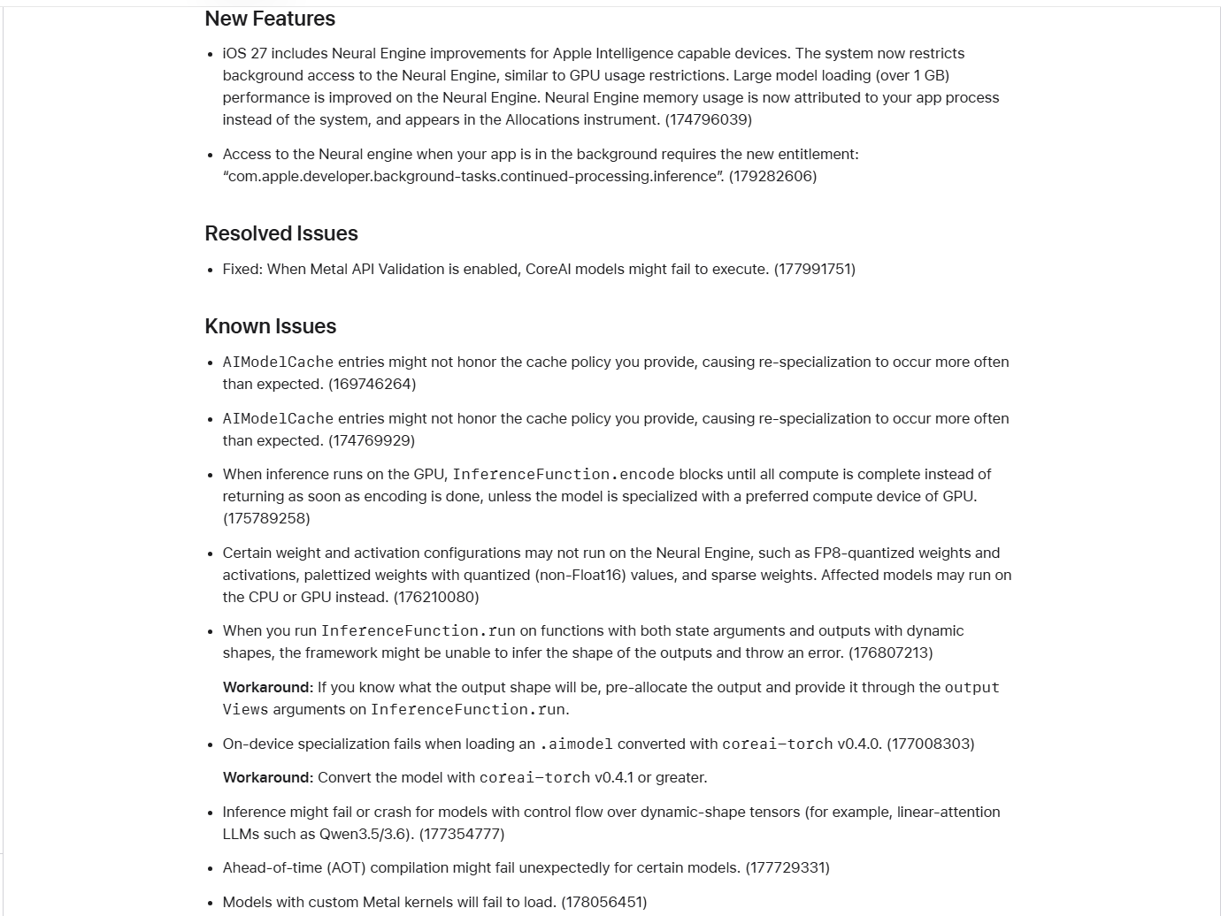 Apple Developer documentation showing iOS 27 beta 3 Core AI section with Neural Engine improvements, background inference entitlement, and known issues for on-device AI models