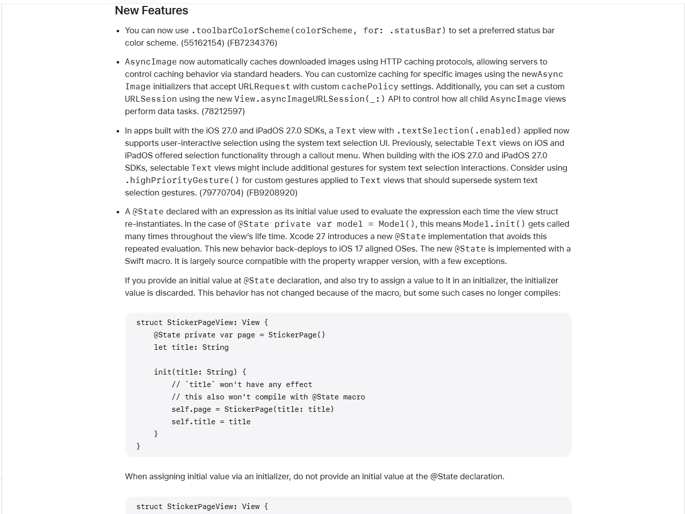 Apple Developer documentation showing iOS 27 beta 3 SwiftUI new features including @State macro, AsyncImage caching, Text selection, and toolbar color scheme API