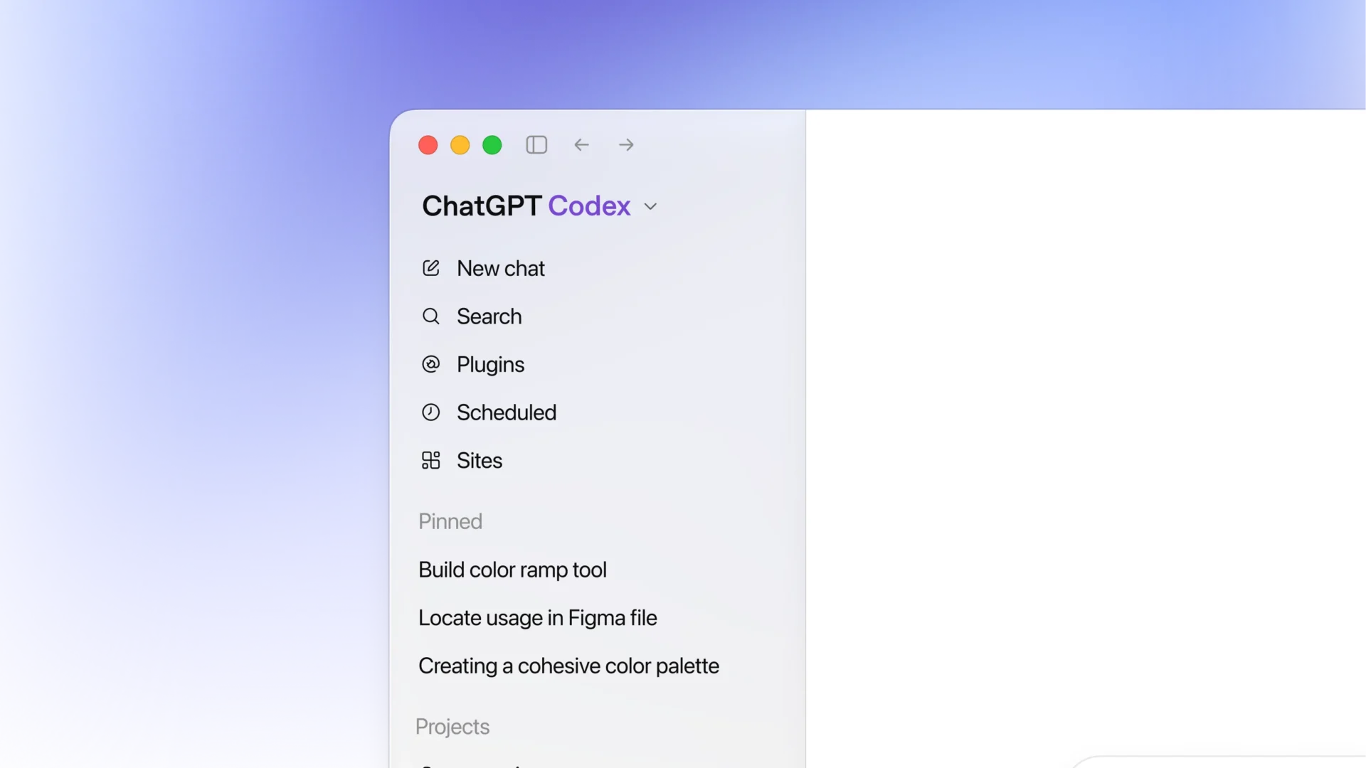 Official OpenAI Codex interface showing the ChatGPT Codex workspace and project navigation