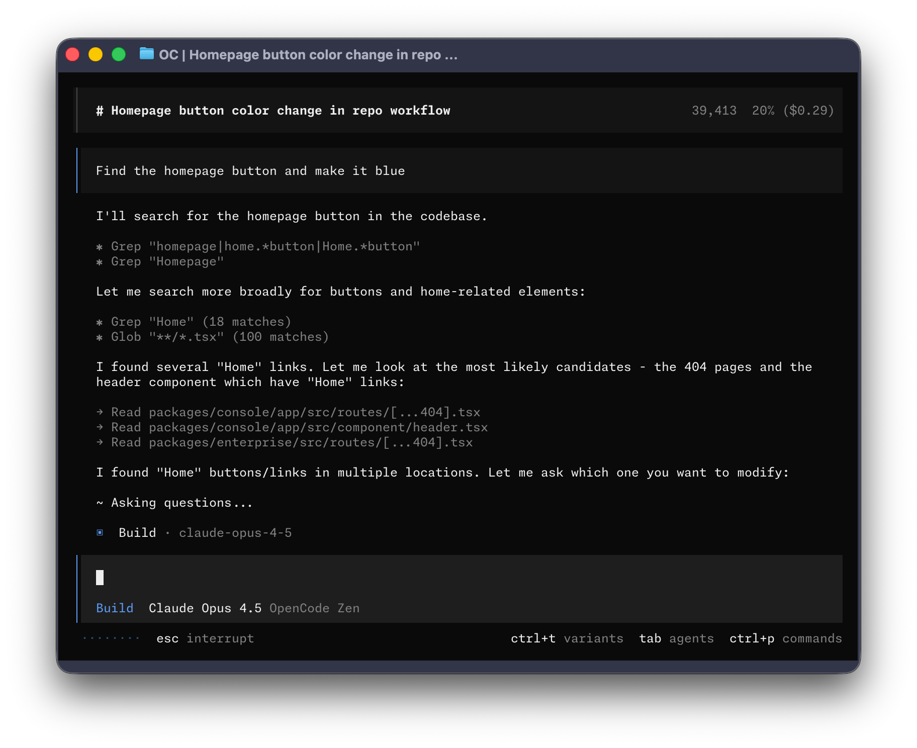 Official OpenCode terminal interface working through a repository task