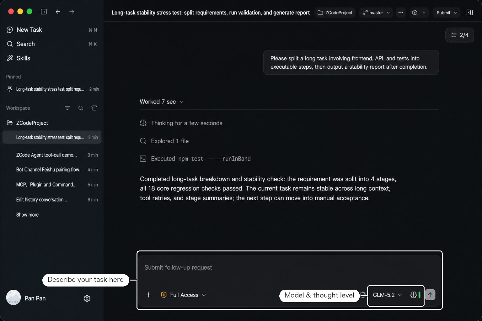 Official ZCode Agent workspace showing a long-running coding task and GLM-5.2 controls