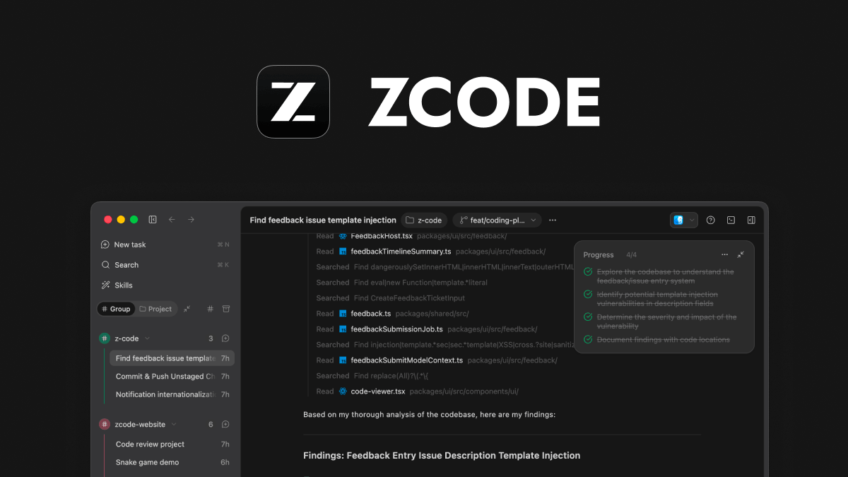 ZCode desktop application showing the AI agent interface with task management sidebar, code search results, and a progress tracking panel for template injection vulnerability analysis