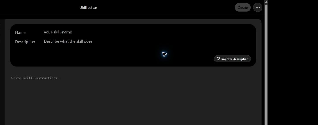 ChatGPT Skill editor showing fields for Name, Description, Instructions, and file upload, with a disabled Create button until required fields are filled.