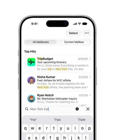 Apple iOS 27 Mail search and Top Hits interface
